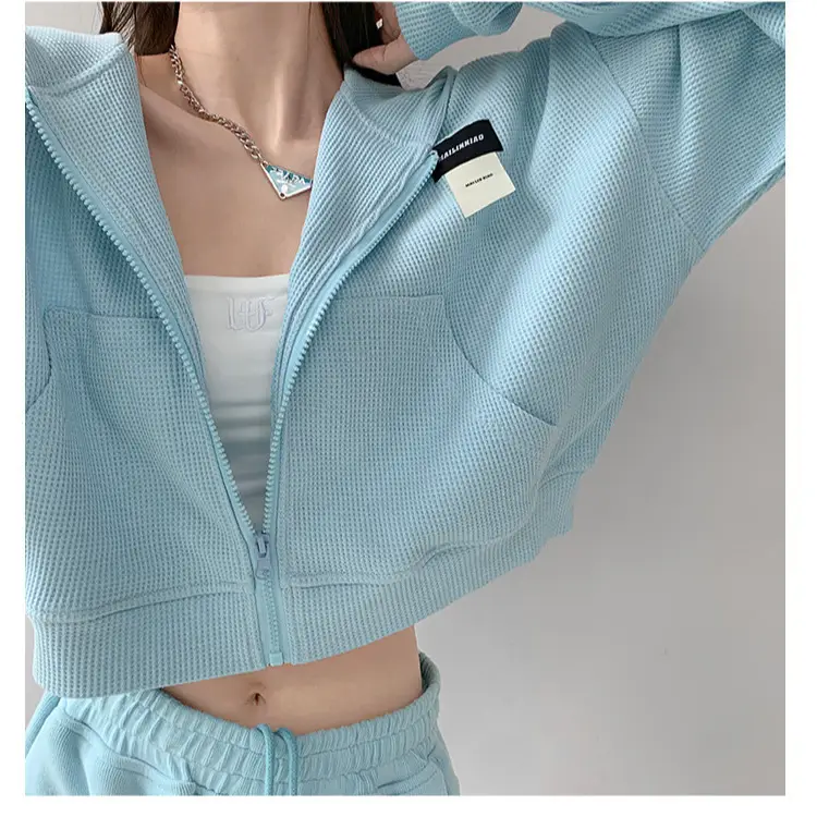 Women Blue Zipper Hoodie Long Sleeve Cotton - Image 6