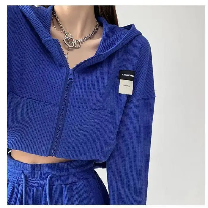 Women Blue Zipper Hoodie Long Sleeve Cotton - Image 5