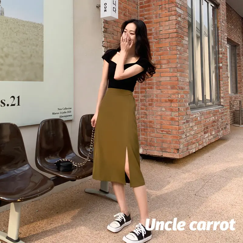 Women's Green Side Slit A-Line Skirt Mid Length - Image 6