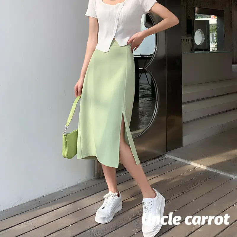 Women's Green Side Slit A-Line Skirt Mid Length - Image 7