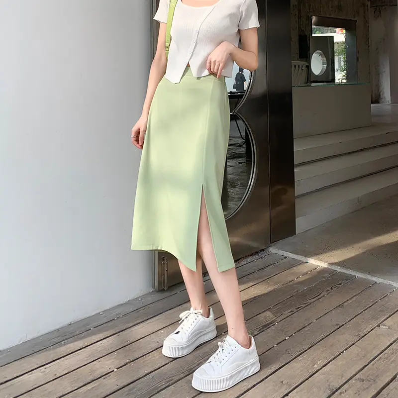 Women's Green Side Slit A-Line Skirt Mid Length - Image 3