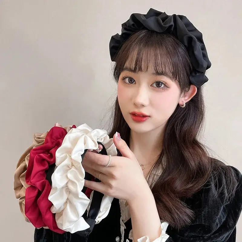 Women Satin Ruffled Headband Red White High Cranial Top - Image 6