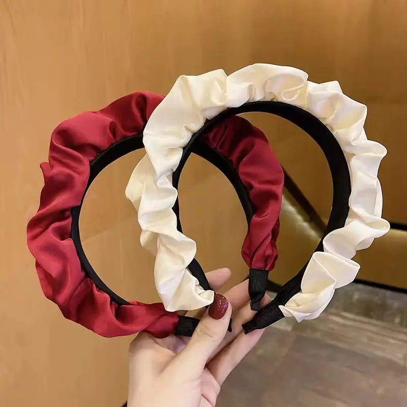 Women Satin Ruffled Headband Red White High Cranial Top - Image 8