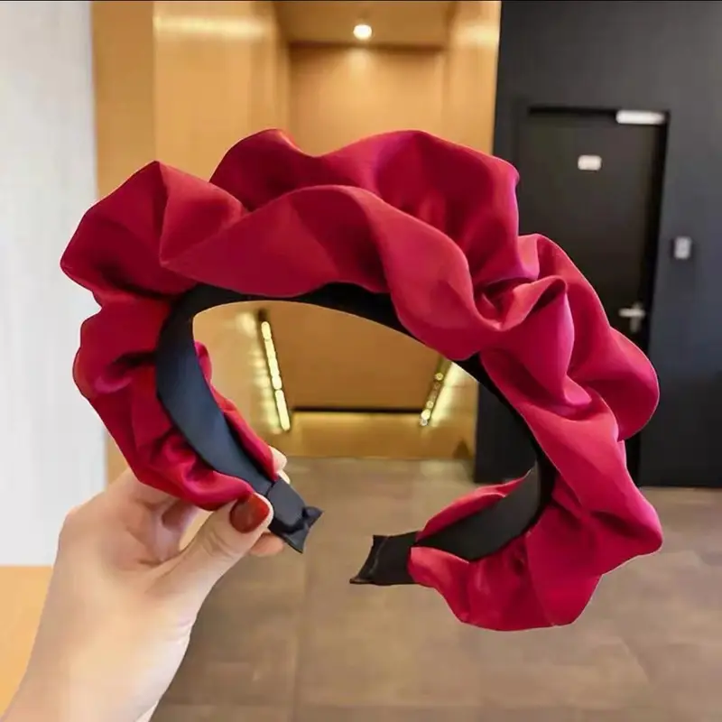 Women Satin Ruffled Headband Red White High Cranial Top - Image 3