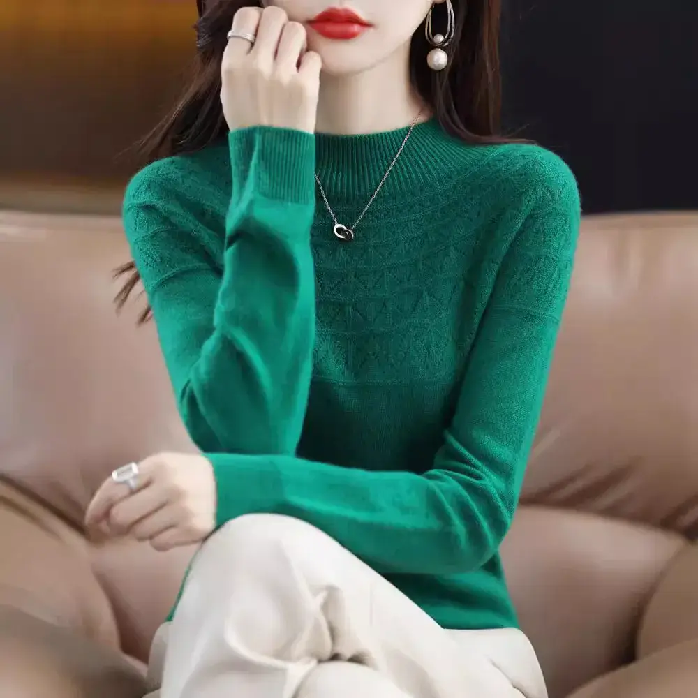 Women's Blue Knit Half Turtleneck Woolen Sweater