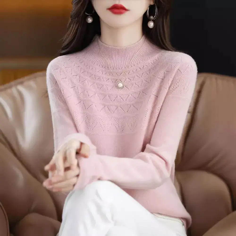 Women's Blue Knit Half Turtleneck Woolen Sweater