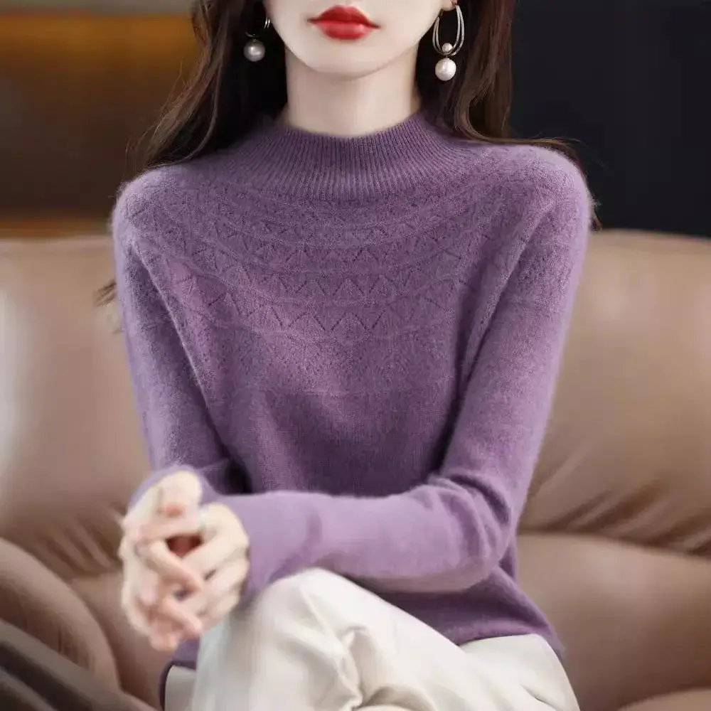Women's Blue Knit Half Turtleneck Woolen Sweater