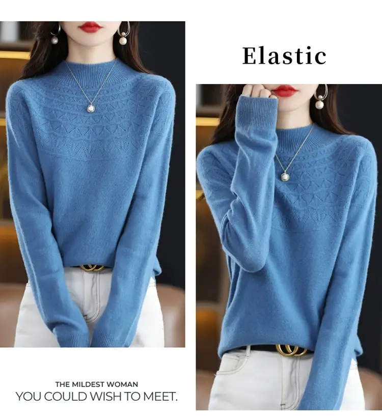 Women's Blue Knit Half Turtleneck Woolen Sweater — feature 23