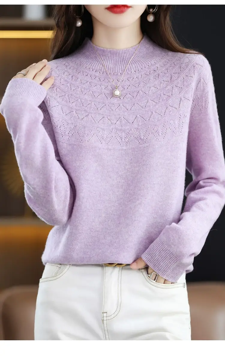 Women's Blue Knit Half Turtleneck Woolen Sweater — feature 29