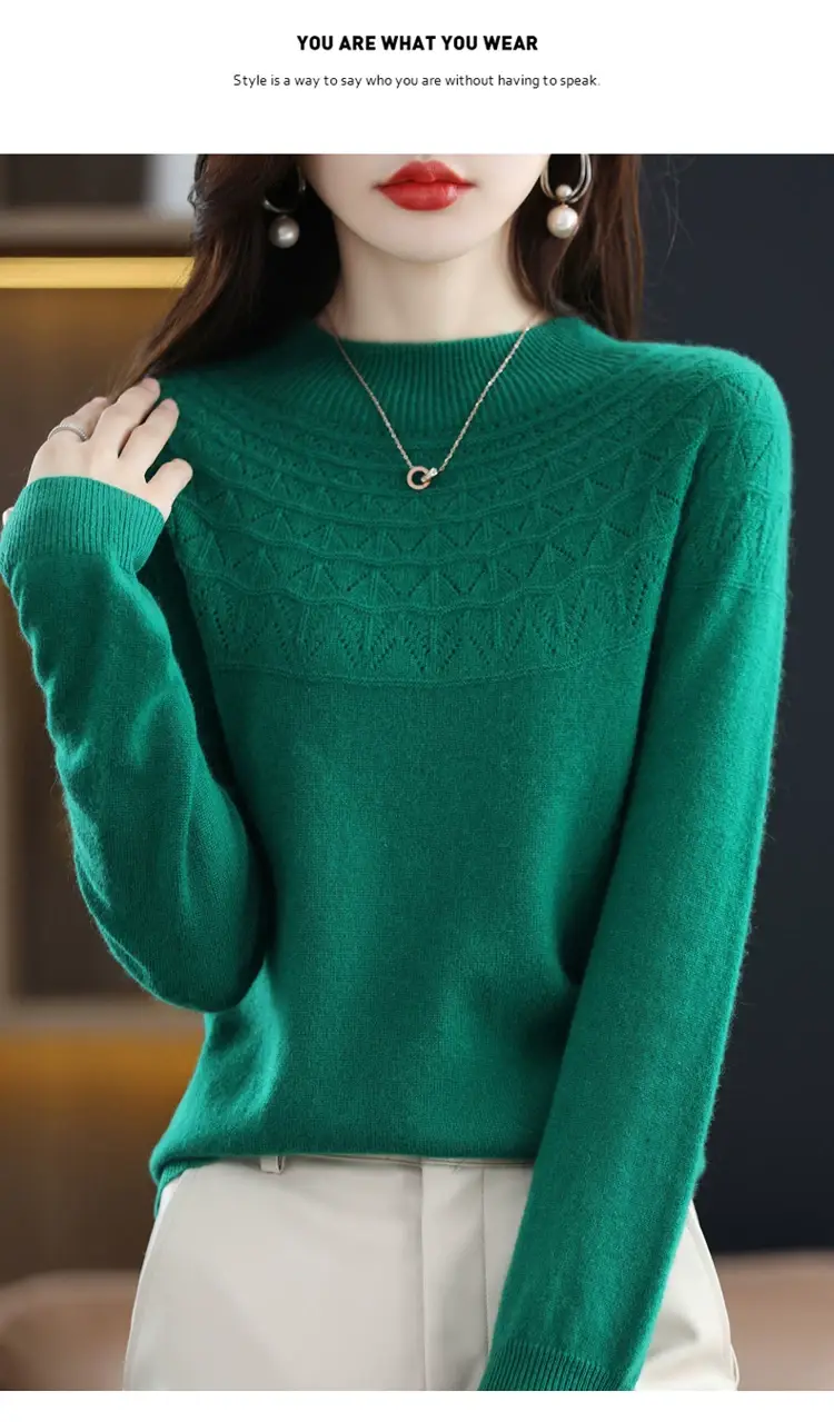 Women's Blue Knit Half Turtleneck Woolen Sweater — feature 5