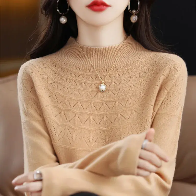 Women's Blue Knit Half Turtleneck Woolen Sweater
