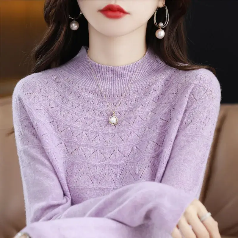 Women's Blue Knit Half Turtleneck Woolen Sweater