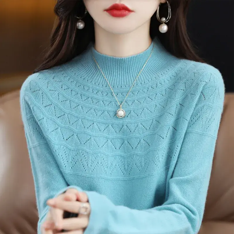Women's Blue Knit Half Turtleneck Woolen Sweater