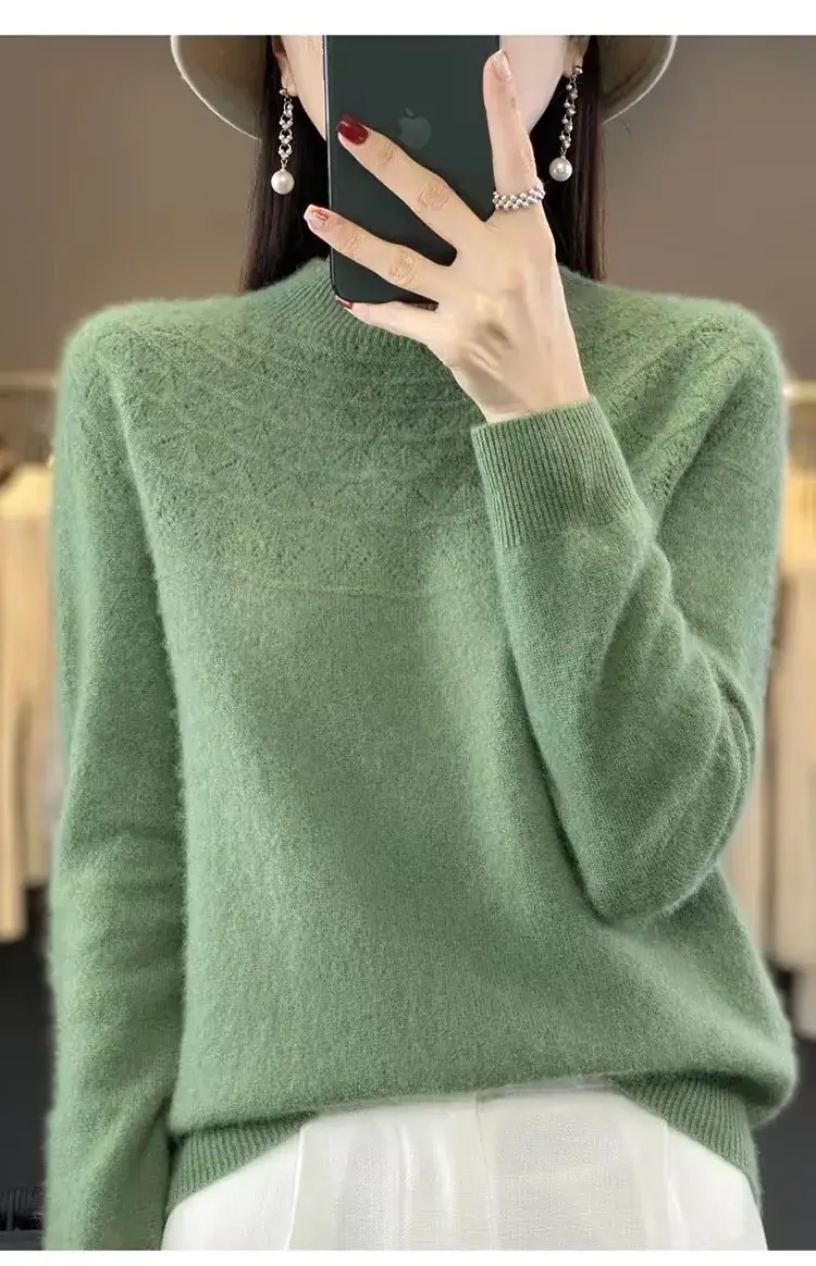 Women's Blue Knit Half Turtleneck Woolen Sweater