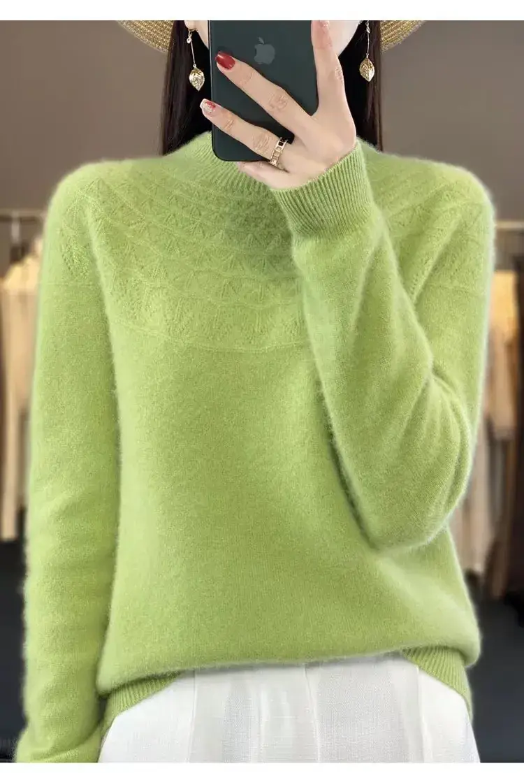 Women's Blue Knit Half Turtleneck Woolen Sweater