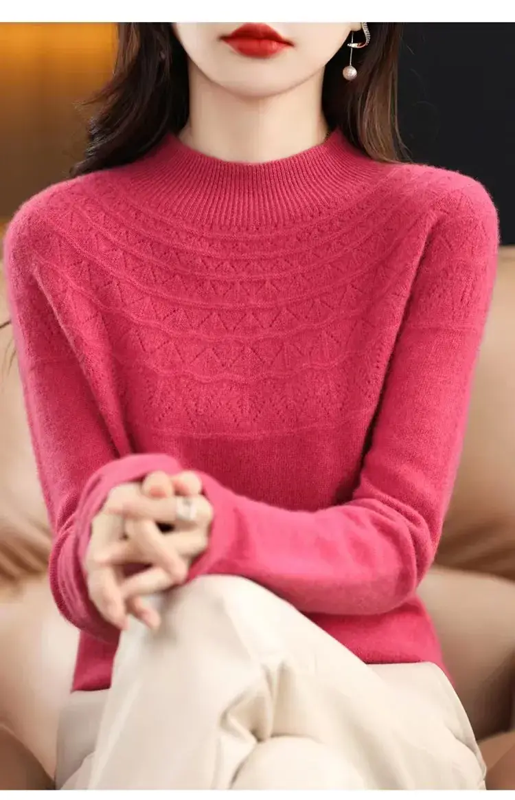 Women's Blue Knit Half Turtleneck Woolen Sweater
