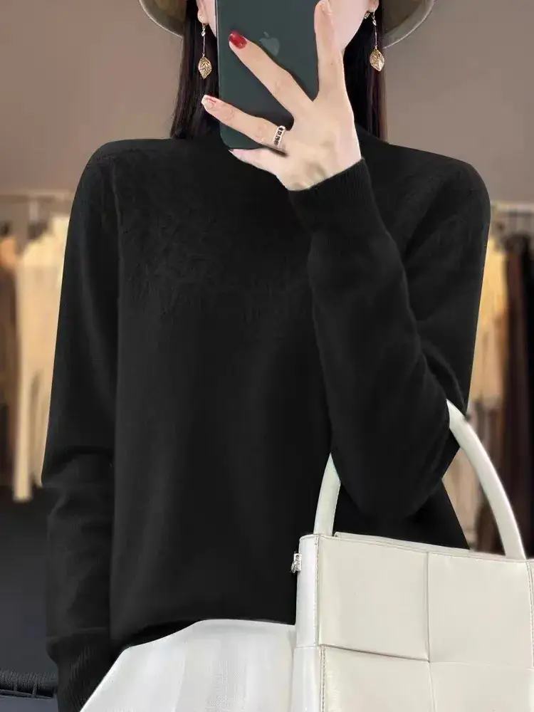 Women's Blue Knit Half Turtleneck Woolen Sweater