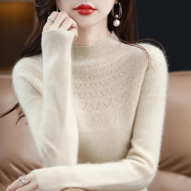 Women's Blue Knit Half Turtleneck Woolen Sweater