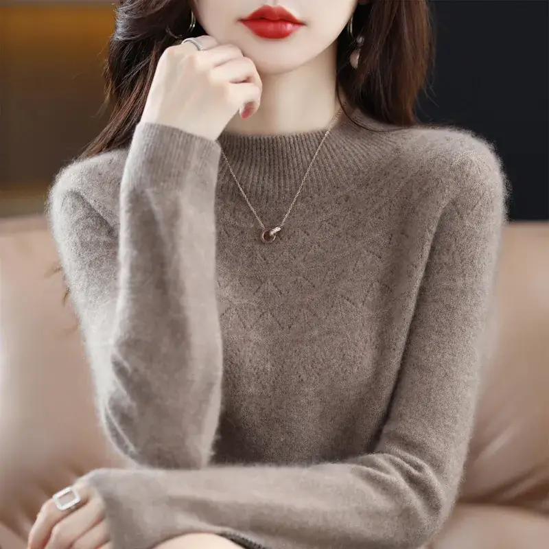 Women's Blue Knit Half Turtleneck Woolen Sweater