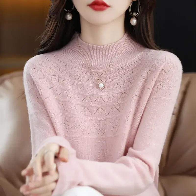 Women's Blue Knit Half Turtleneck Woolen Sweater