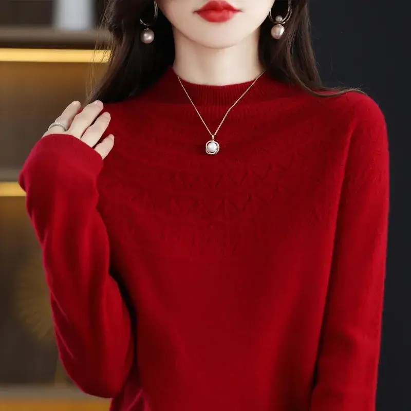 Women's Blue Knit Half Turtleneck Woolen Sweater