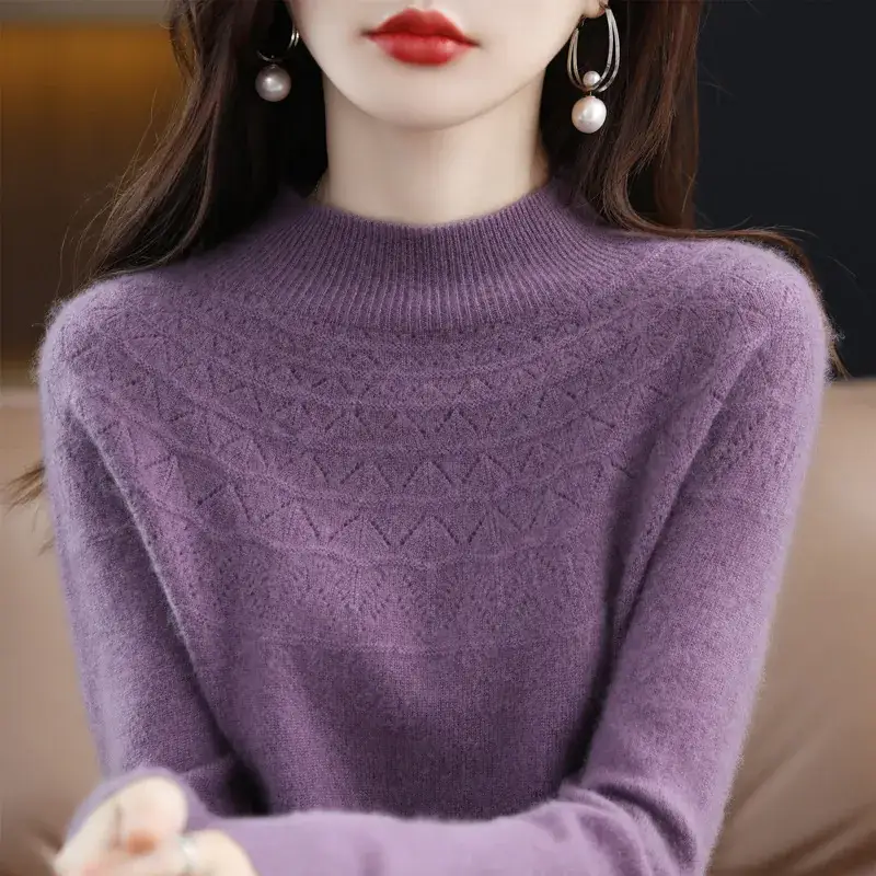 Women's Blue Knit Half Turtleneck Woolen Sweater