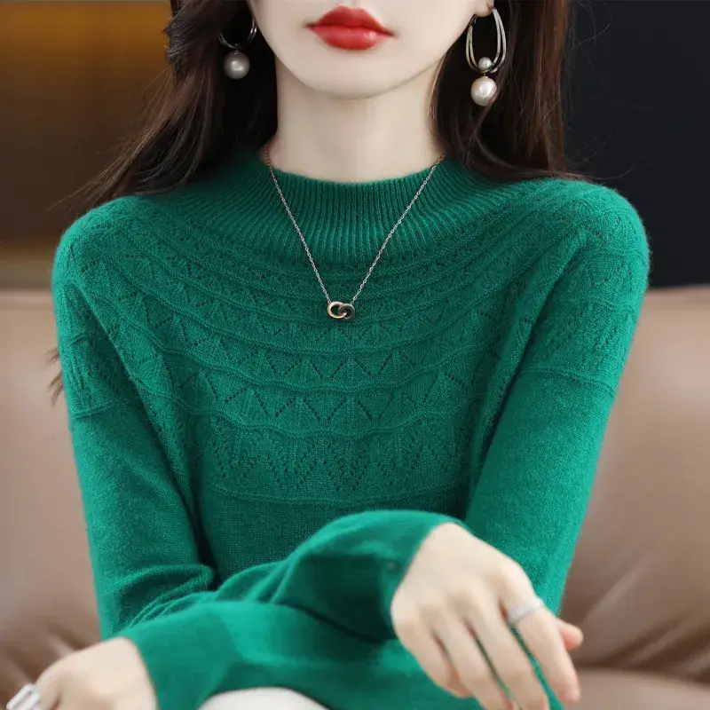 Women's Blue Knit Half Turtleneck Woolen Sweater