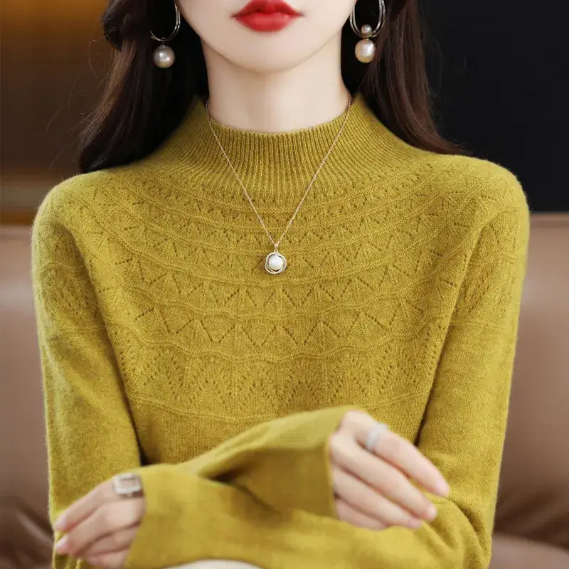 Women's Blue Knit Half Turtleneck Woolen Sweater