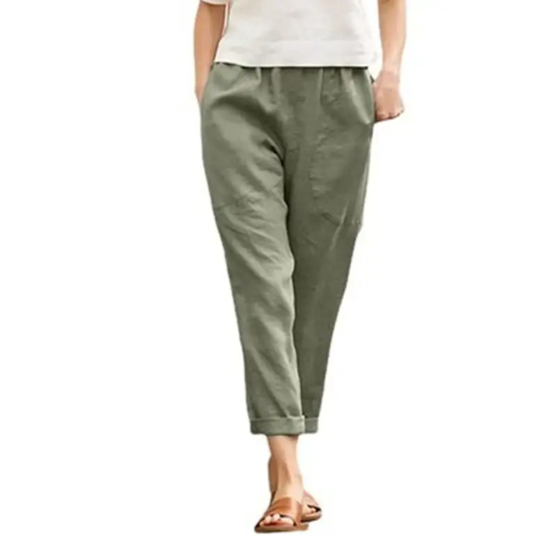 Women Linen Radish Cropped Pants Plus Size Maroon - Image 9