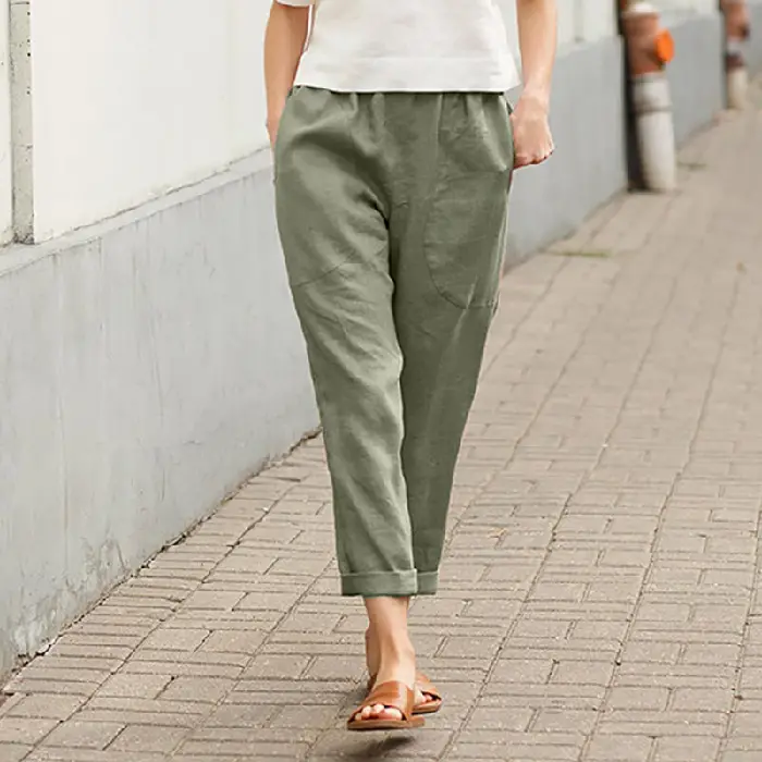 Women Linen Radish Cropped Pants Plus Size Maroon - Image 6