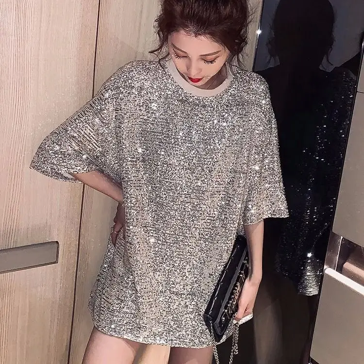 Mid-Length Sequined T-Shirt for Women Silver - Image 13