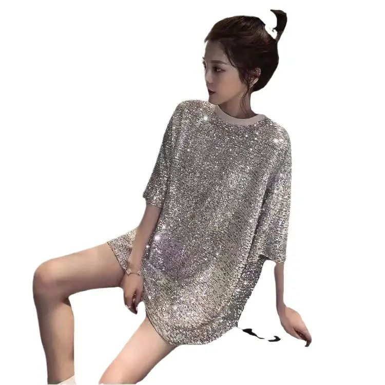 Mid-Length Sequined T-Shirt for Women Silver - Image 17
