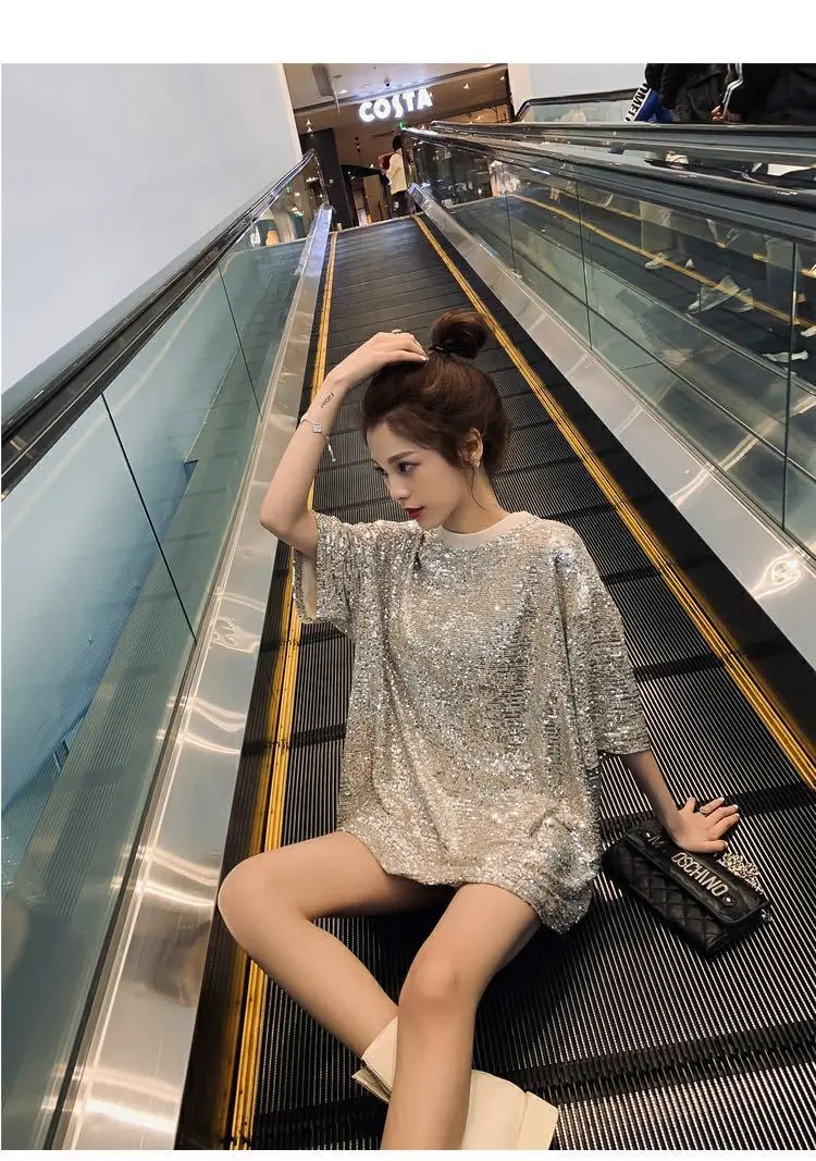 Mid-Length Sequined T-Shirt for Women Silver — feature 5