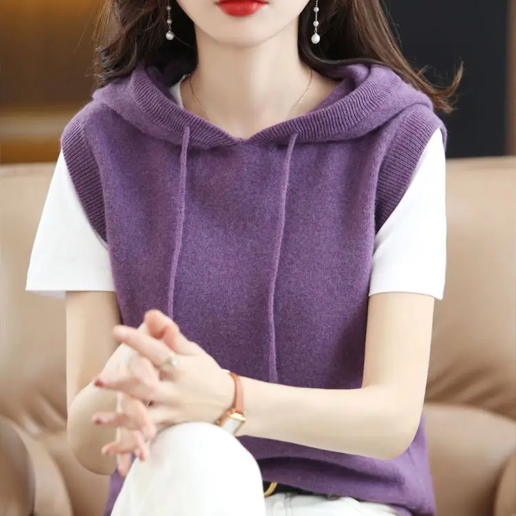 Women Black Knitted Hooded Vest 2024 Spring - Image 8