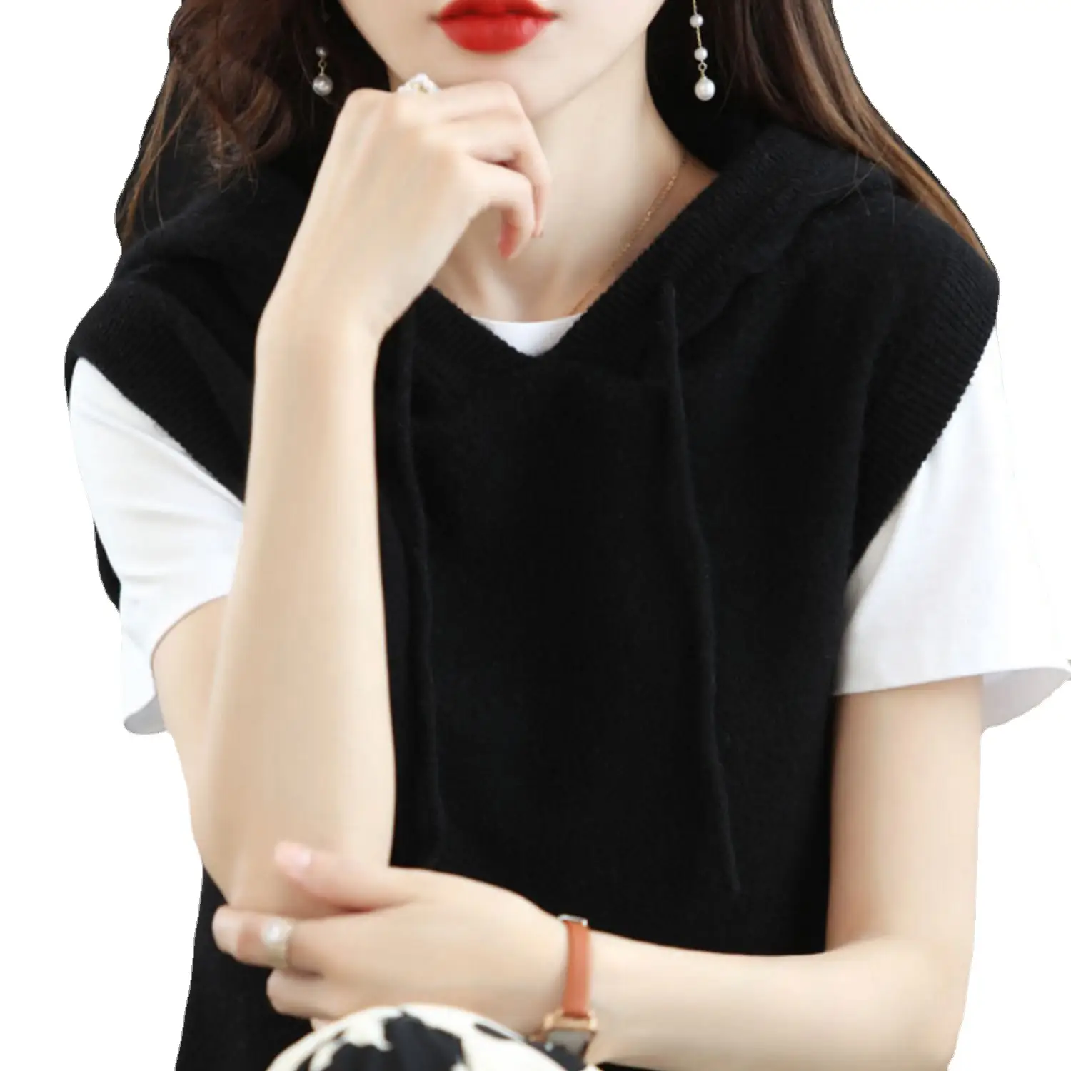 Women Black Knitted Hooded Vest 2024 Spring - Image 10