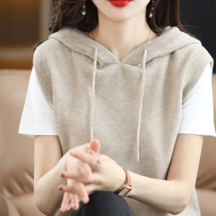 Women Black Knitted Hooded Vest 2024 Spring - Image 2