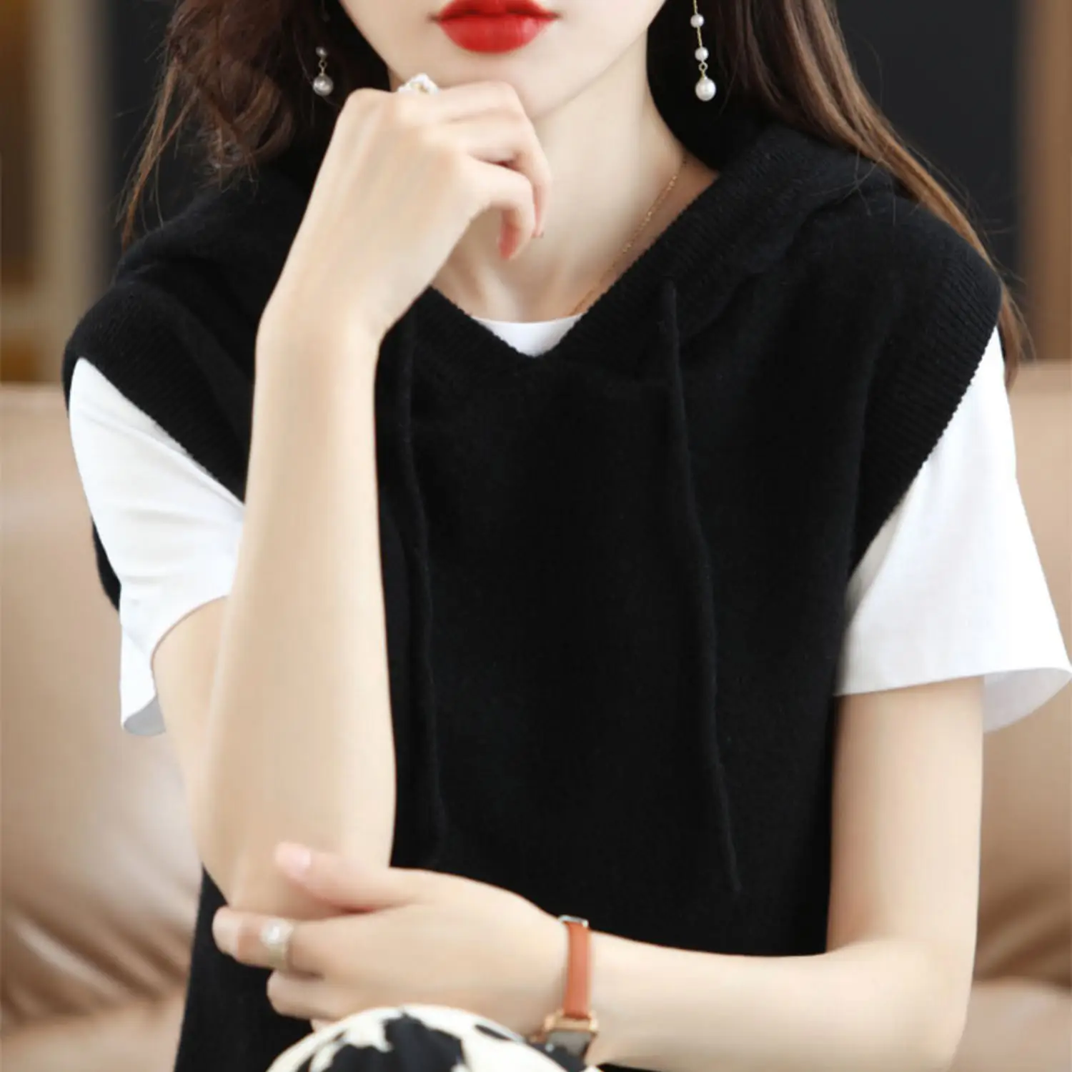 Women Black Knitted Hooded Vest 2024 Spring - Image 3