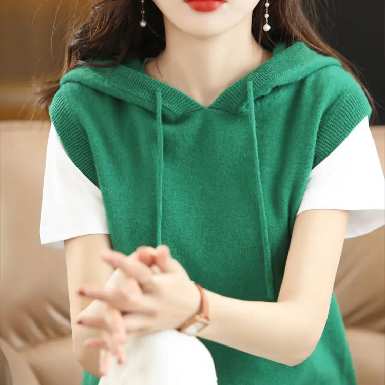 Women Black Knitted Hooded Vest 2024 Spring - Image 6