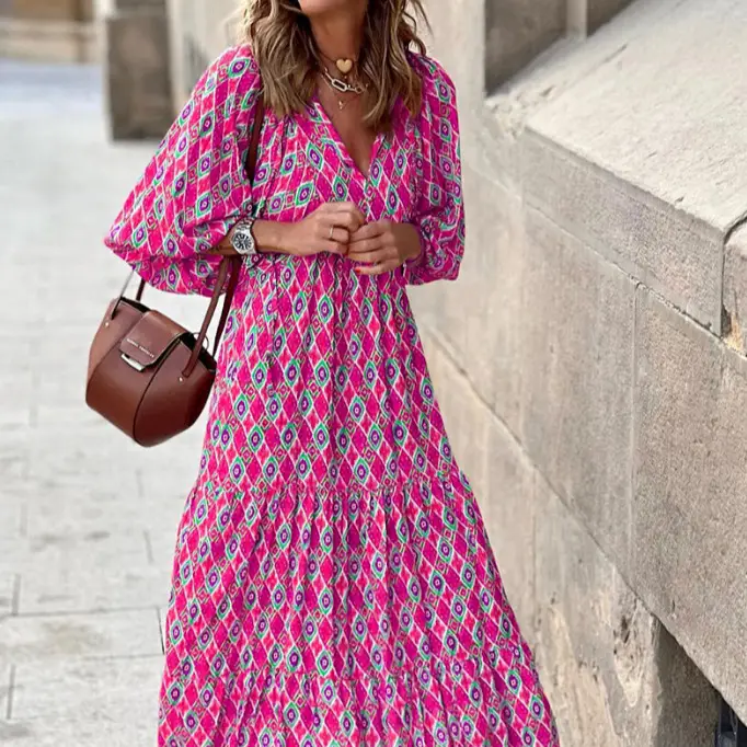 2023 Geometric Print Puff Sleeve Dress Plus Size Women - Image 17