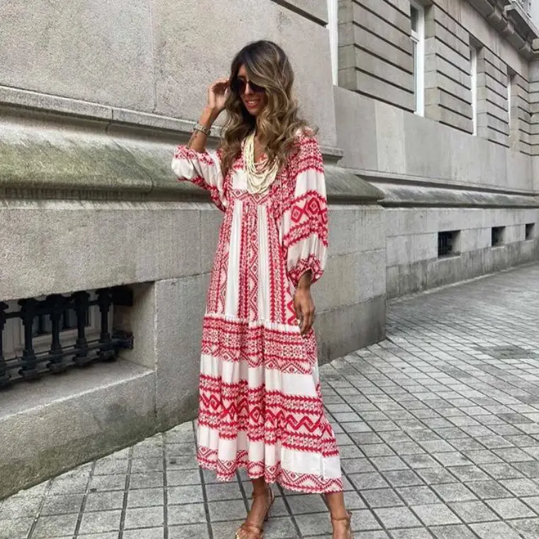 2023 Geometric Print Puff Sleeve Dress Plus Size Women - Image 2