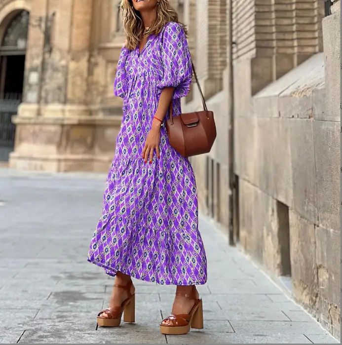 2023 Geometric Print Puff Sleeve Dress Plus Size Women - Image 12