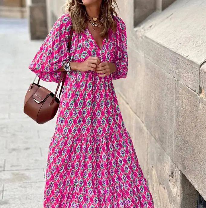 2023 Geometric Print Puff Sleeve Dress Plus Size Women - Image 13