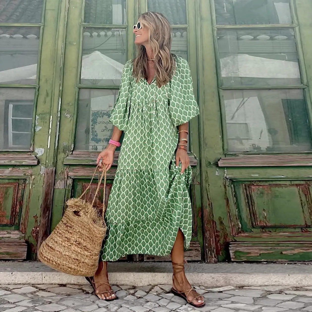 2023 Geometric Print Puff Sleeve Dress Plus Size Women - Image 6