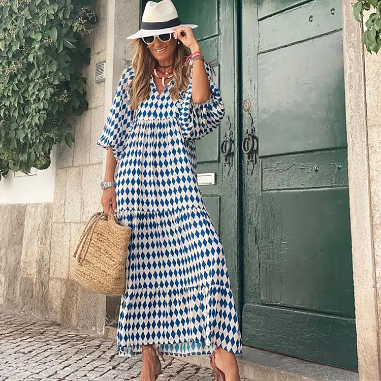 2023 Geometric Print Puff Sleeve Dress Plus Size Women - Image 8