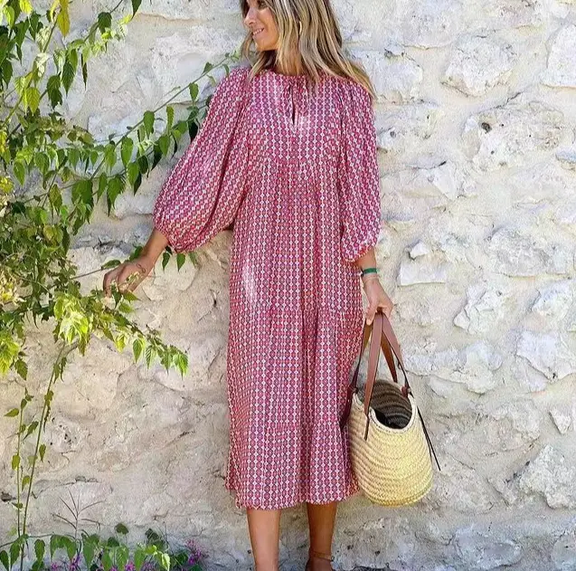 2023 Geometric Print Puff Sleeve Dress Plus Size Women - Image 9