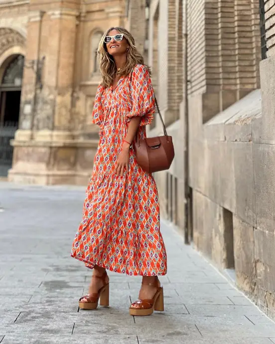 2023 Geometric Print Puff Sleeve Dress Plus Size Women - Image 10