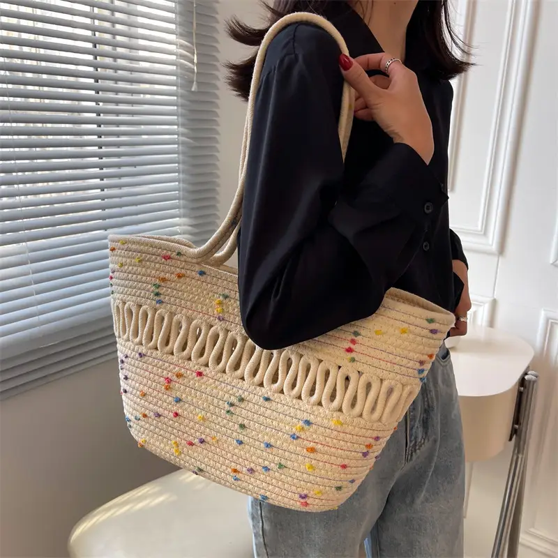 Hollow Cotton Woven Shoulder Bag Blue Top - Image 5