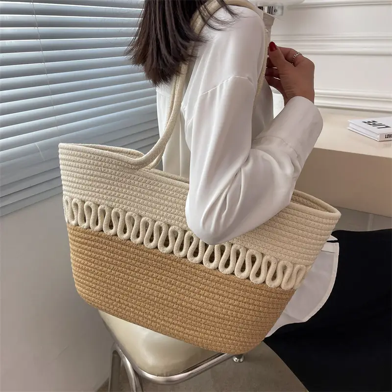 Hollow Cotton Woven Shoulder Bag Blue Top - Image 7