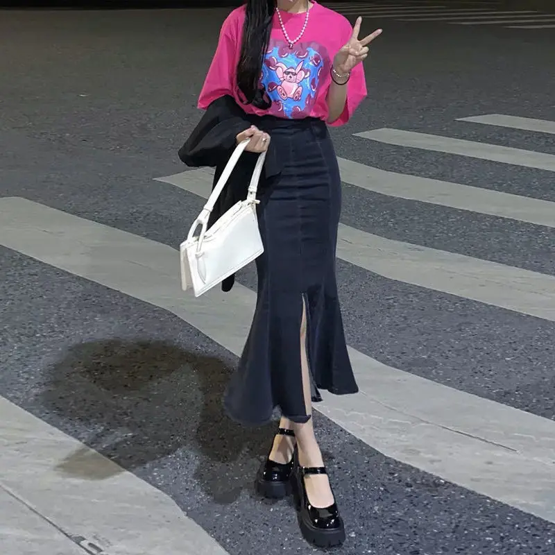 Black Denim Fishtail Skirt with High Waist & Split - Image 3