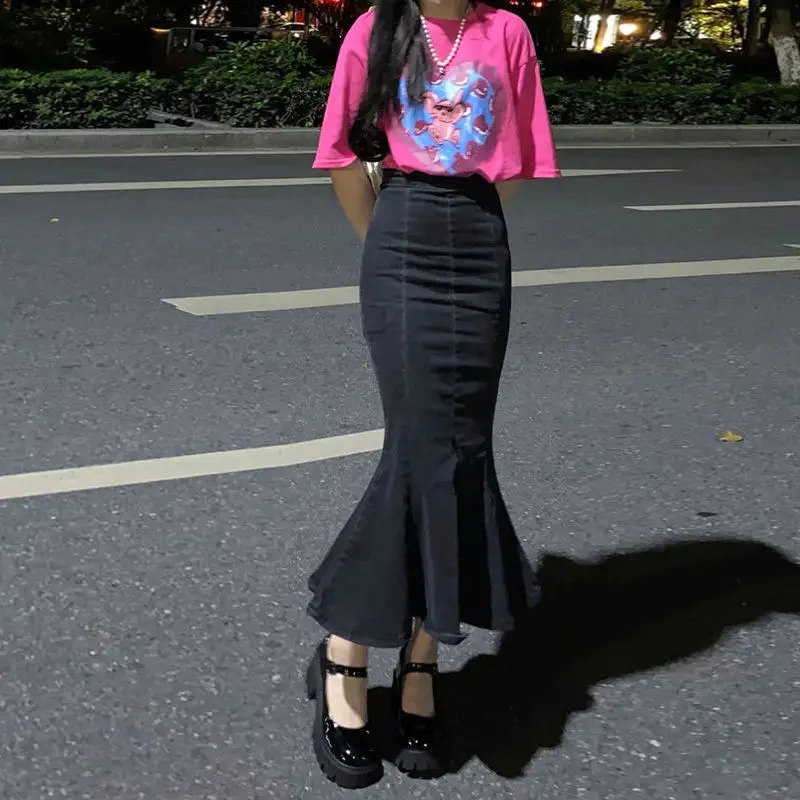 Black Denim Fishtail Skirt with High Waist & Split - Image 5